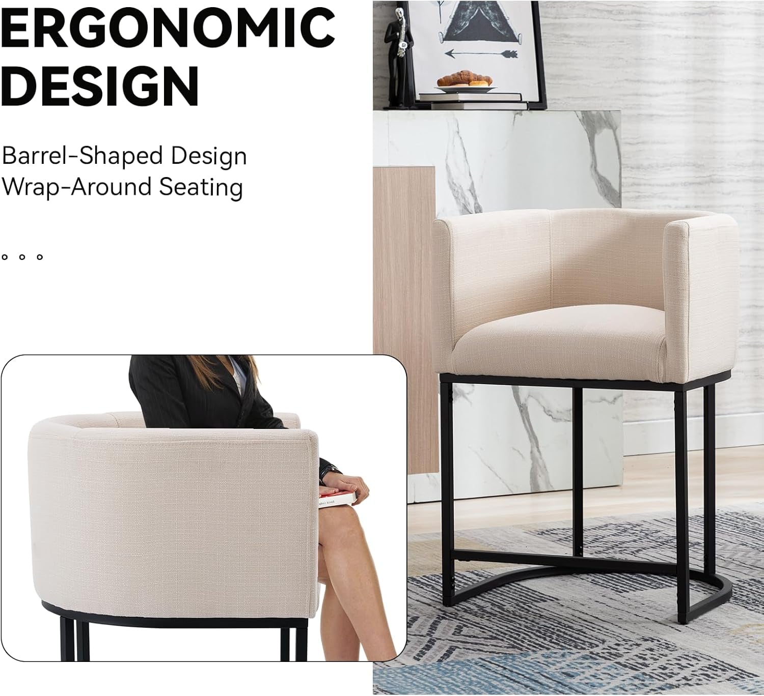 Contemporary Cream Linen Bar Stools Set of 3, 24" Upholstered Fabric Counter Height Barstools Kitchen Counter Island Stools with Screwed Together Black Metal Base