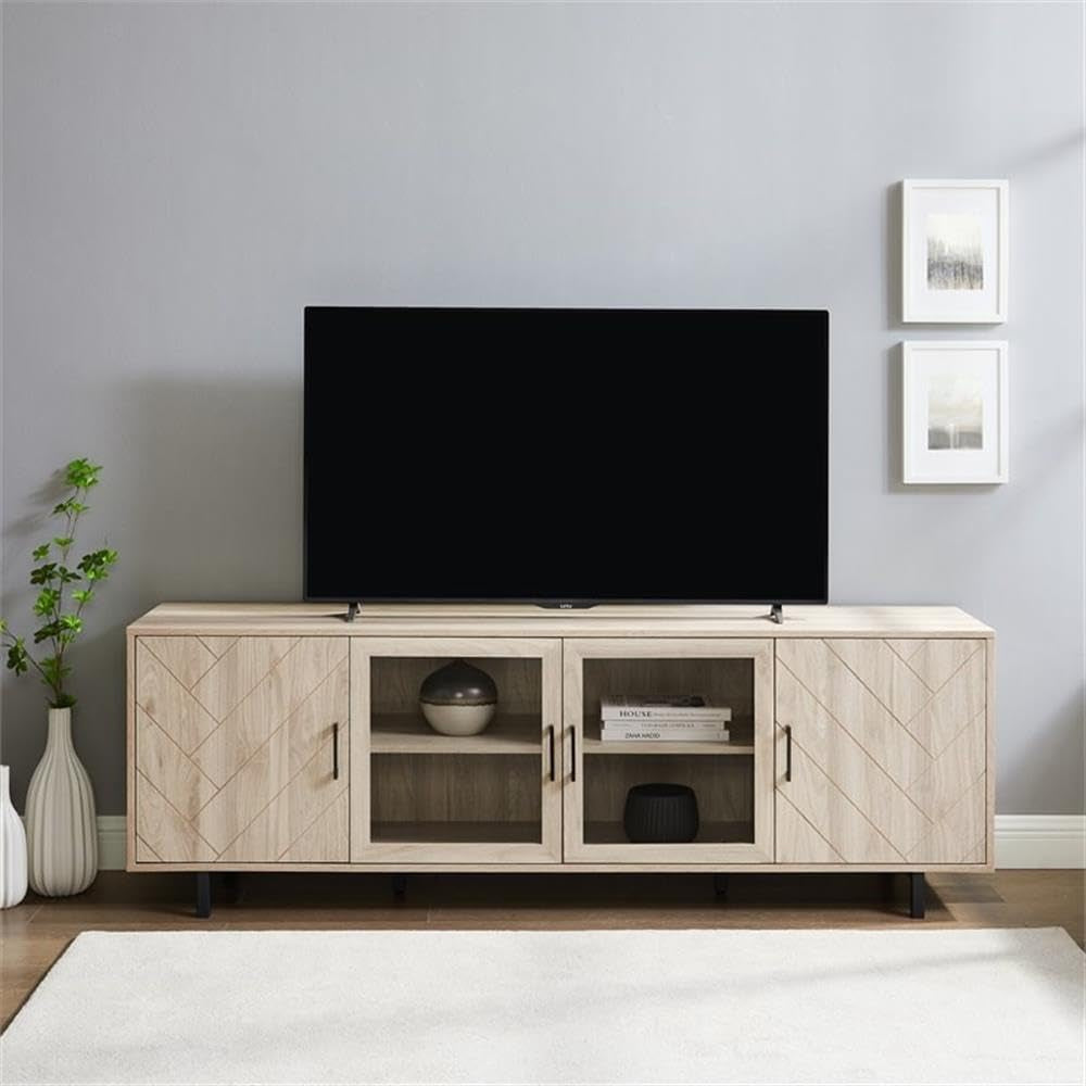 Harper Modern 4 Door Herringbone Stand for Tvs up to 80 Inches, 70 Inch, Birch