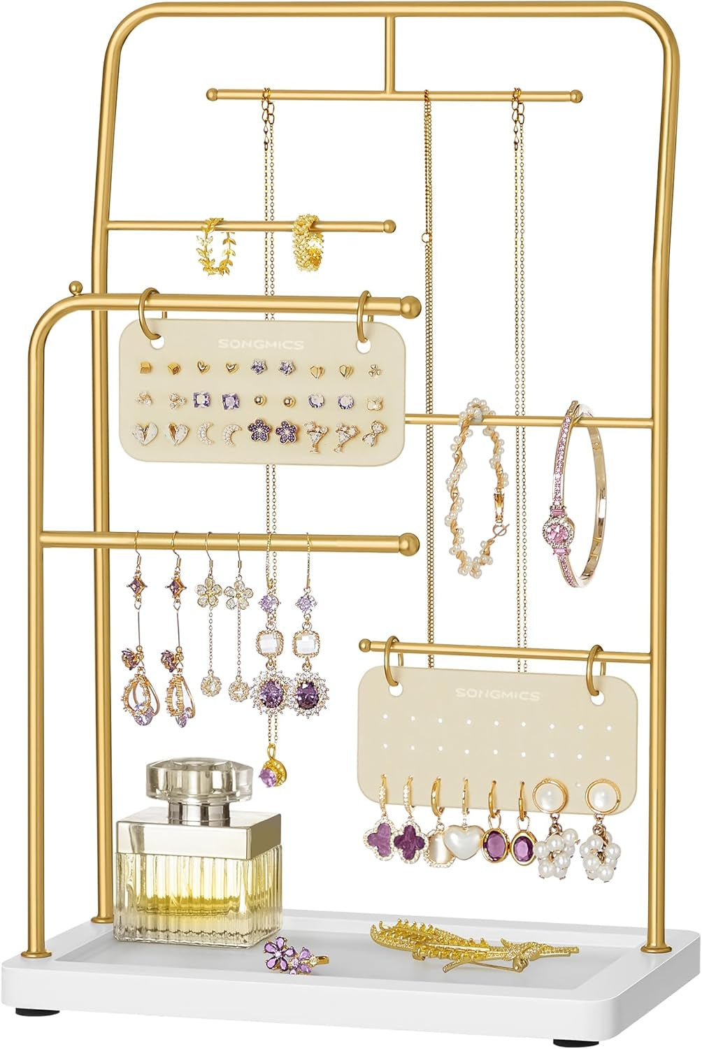 Jewelry Stand, Jewelry Organizer, Jewelry Display Holder with Metal Frame, 2 Earring Boards, 6 Hanging Rods, Necklace Earring Bracelet Holder, for Rings, Cloud White UJJS024W01