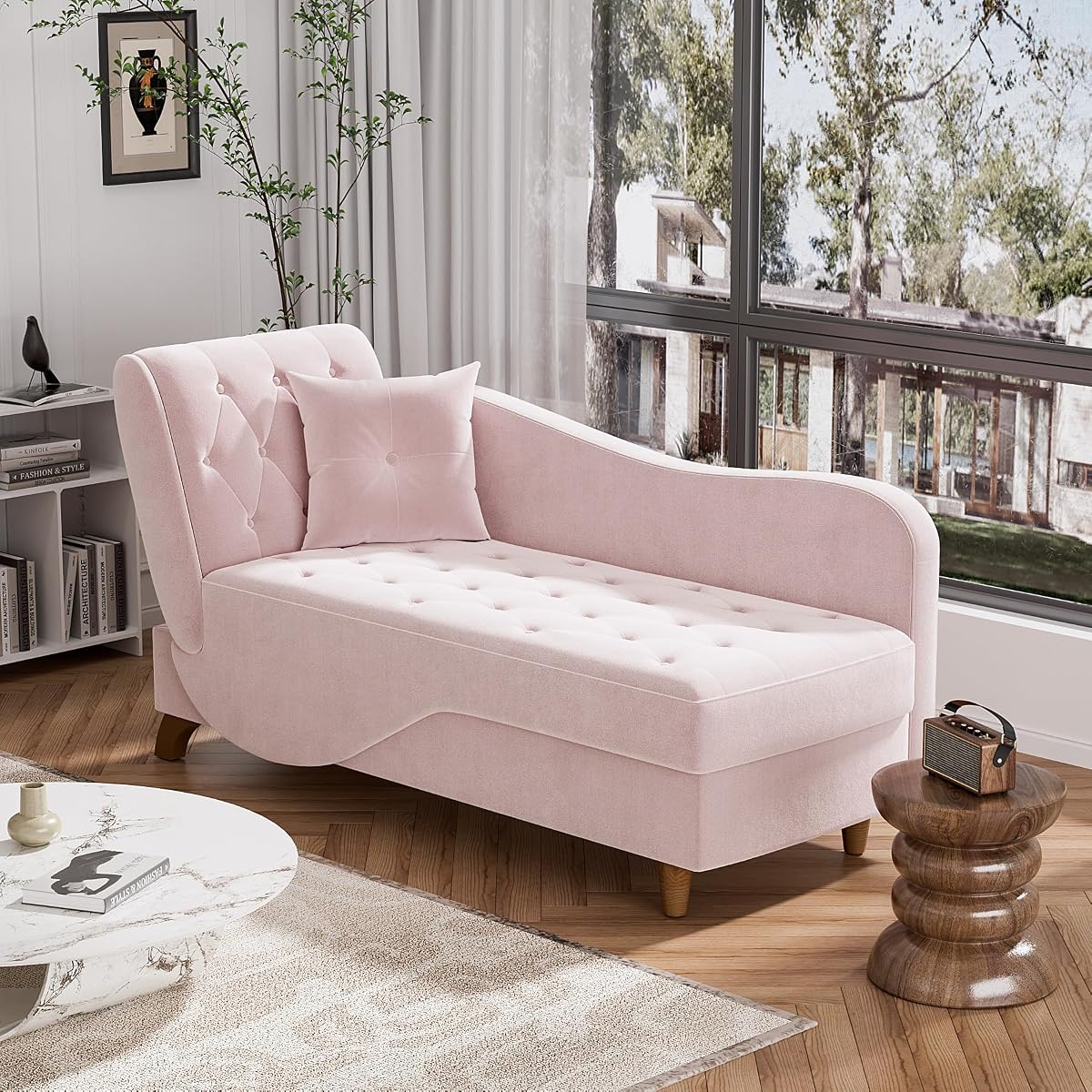Indoor Velvet Chaise Lounge Chair with Storage for Living Room, Blush Pink
