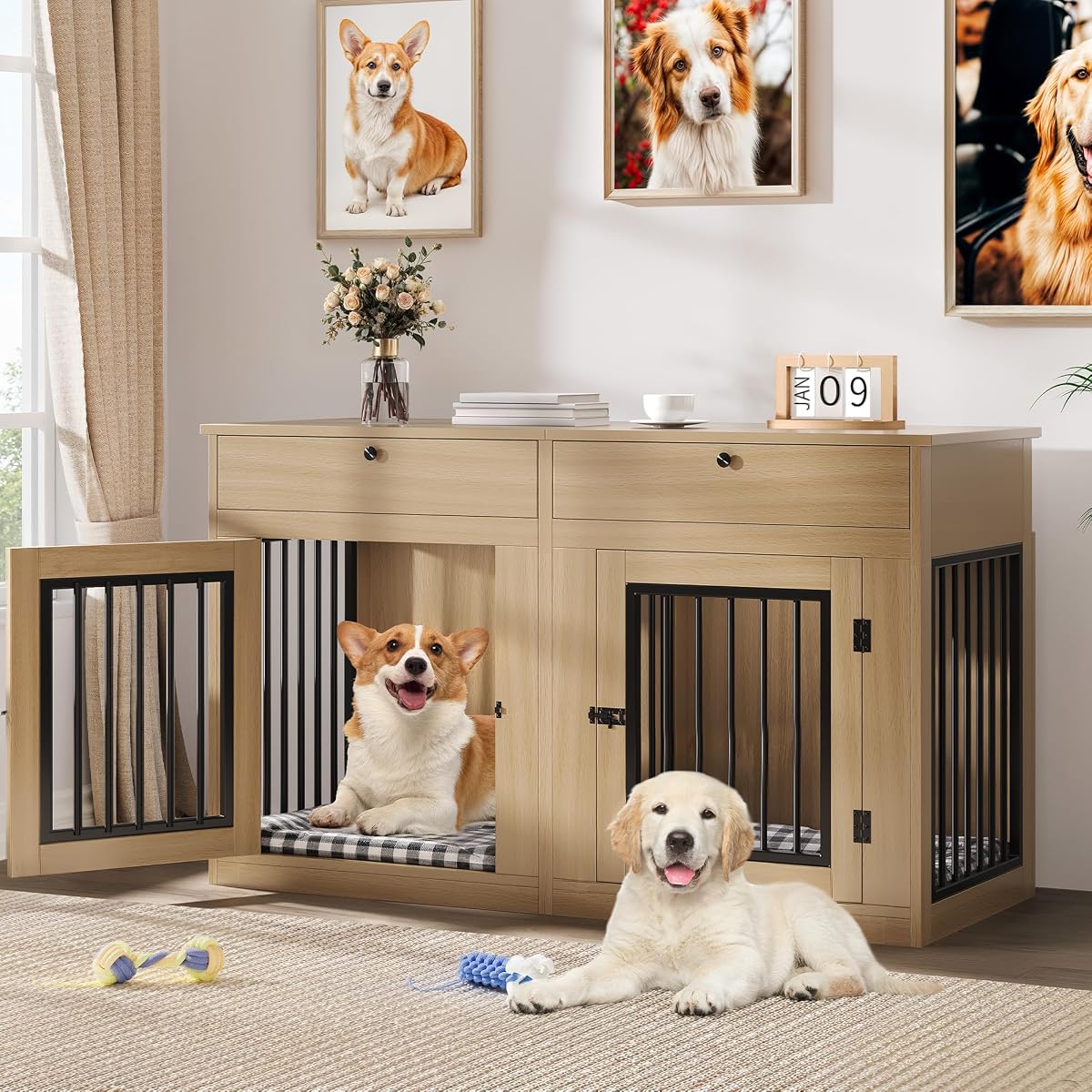 60 Inch Double Dog Crate Furniture for 2 Dogs
