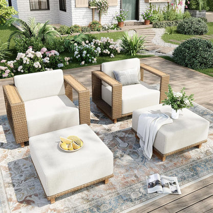 4 Pcs Outdoor Patio Furniture Set, Yellow Rattan Wicker Modular Couch Chairs, 2 Rattan Single Sofa, 2 Ottomans with 10" Extra Thick Cushions, Low Profile Lawn Garden Deck Furniture