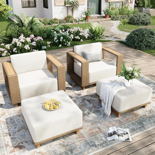 4 Pcs Outdoor Patio Furniture Set, Yellow Rattan Wicker Modular Couch Chairs, 2 Rattan Single Sofa, 2 Ottomans with 10" Extra Thick Cushions, Low Profile Lawn Garden Deck Furniture