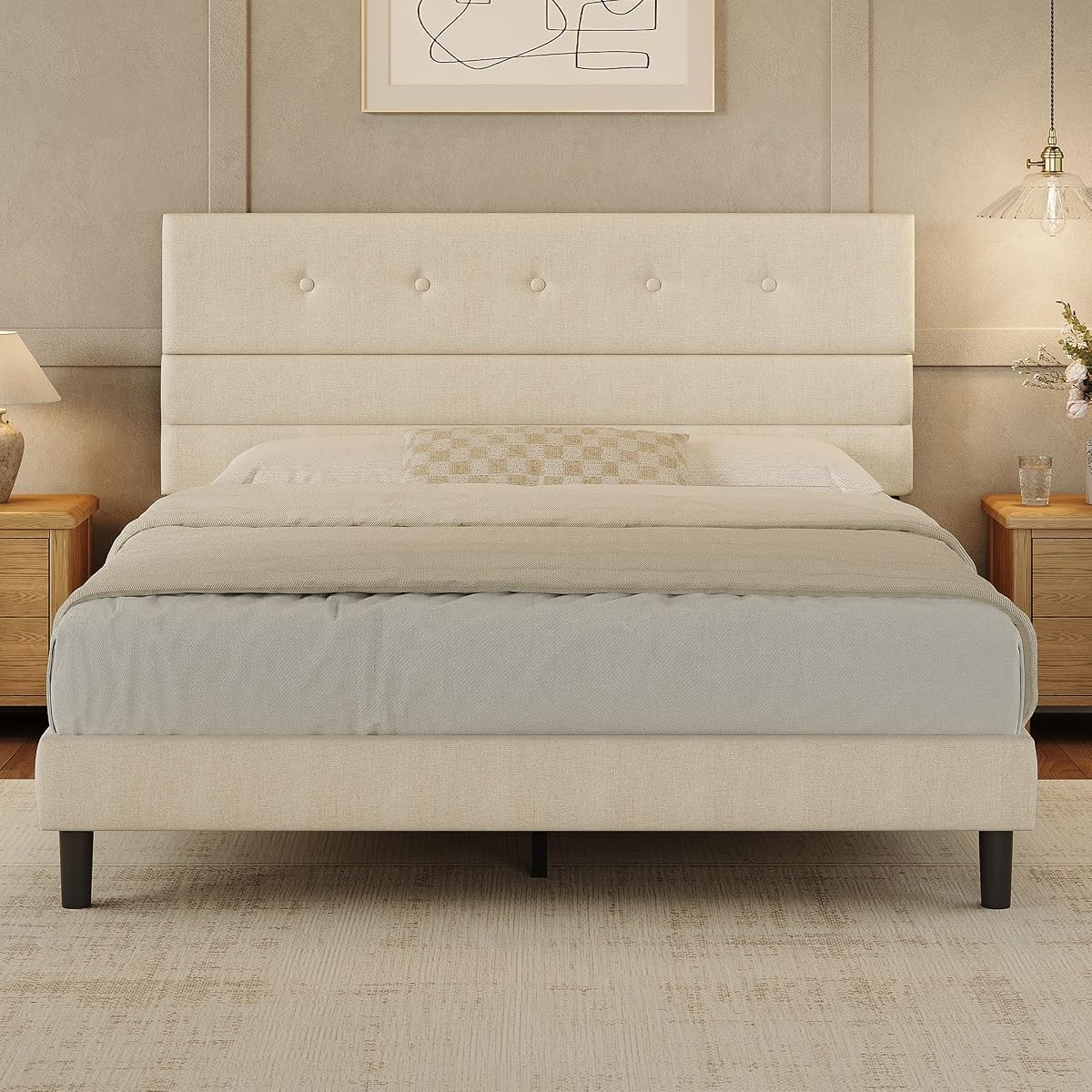 Queen Size Bed Frame with Linen Fabric Headboard