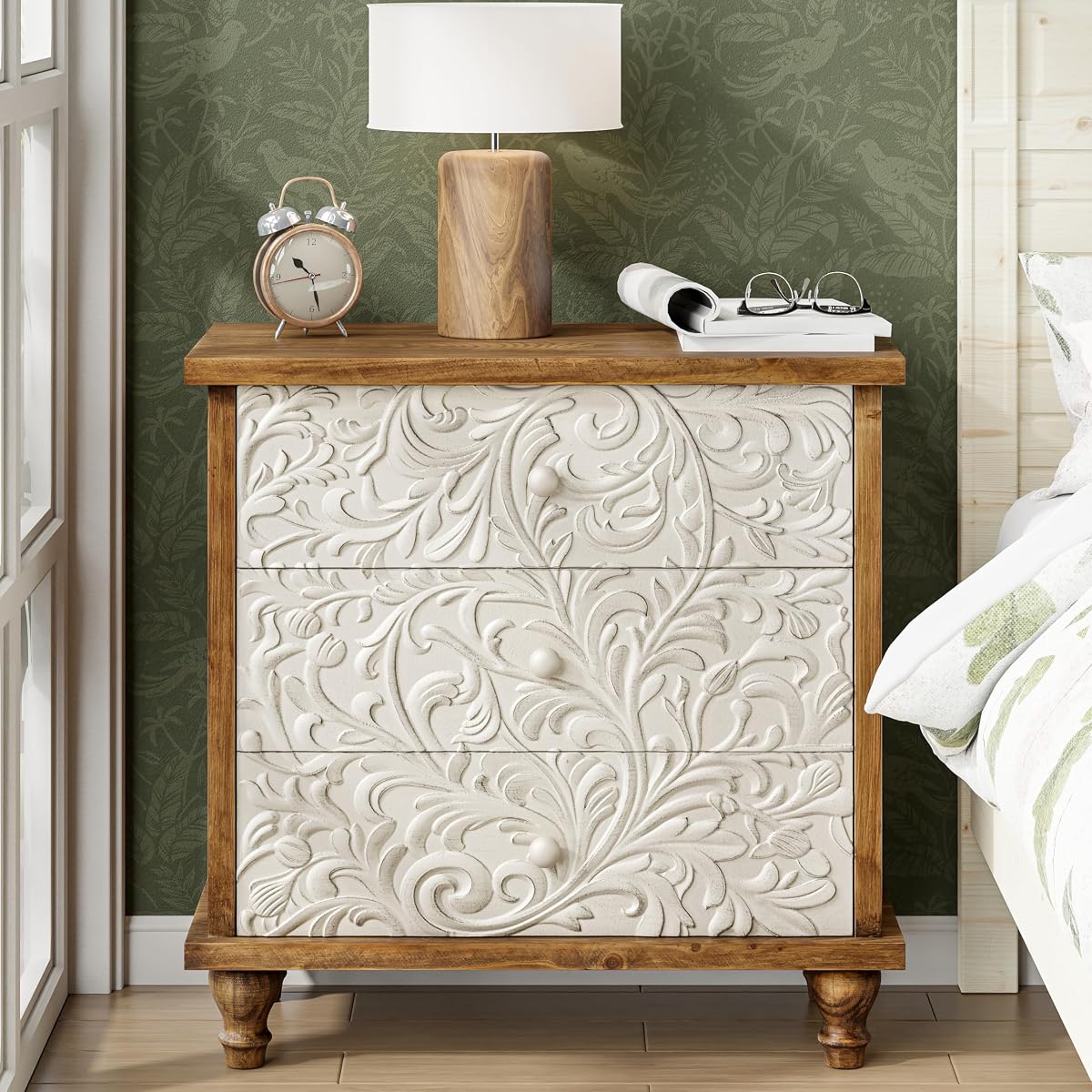 3 Drawer Farmhouse Dresser with Embossed Weathered Flower Motif, Vintage Nightstand for Bedroom, Almost Fully-Assembled, Boho, Natural Wood, White