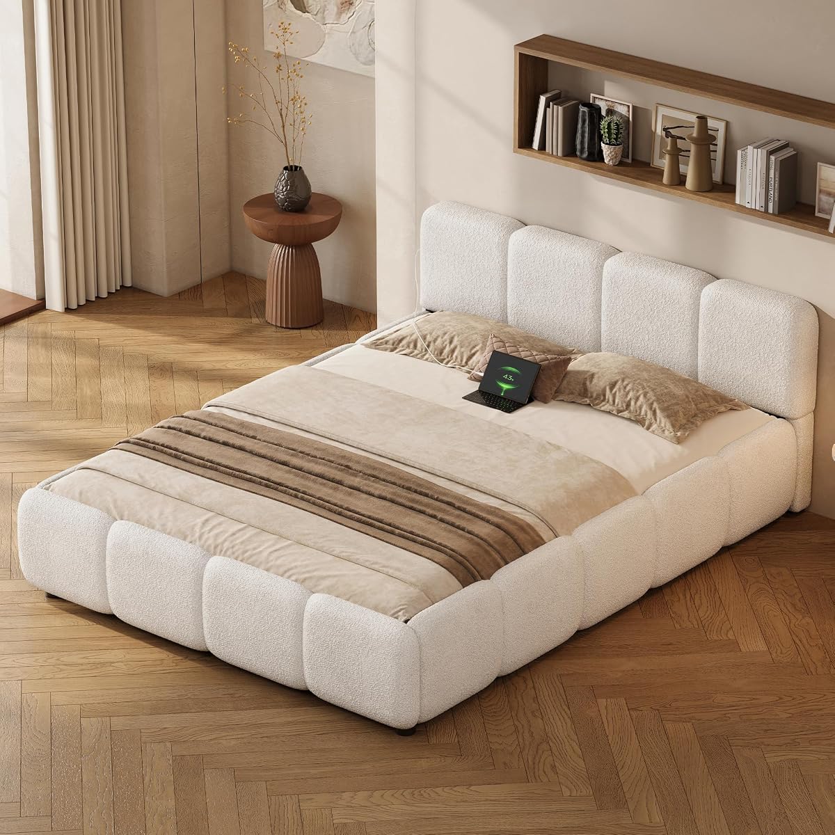 Queen Size Cloud Boucle Upholstered Platform Bed Frame w/USB Ports