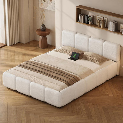 Queen Size Cloud Boucle Upholstered Platform Bed Frame w/USB Ports