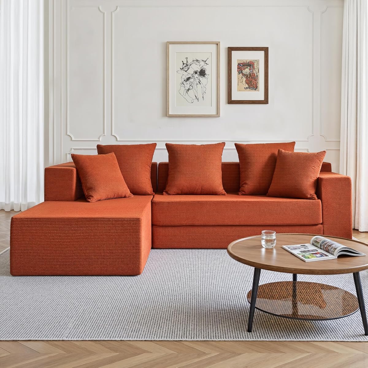 106" Modular Sectional Sofa, Modern Cloud Couch with L-Shape Chaise, Upholstered Boneless Couches with Deep Seat, Comfy Corduroy Sofa for Living Room Bedroom, No Assembly (Orange)