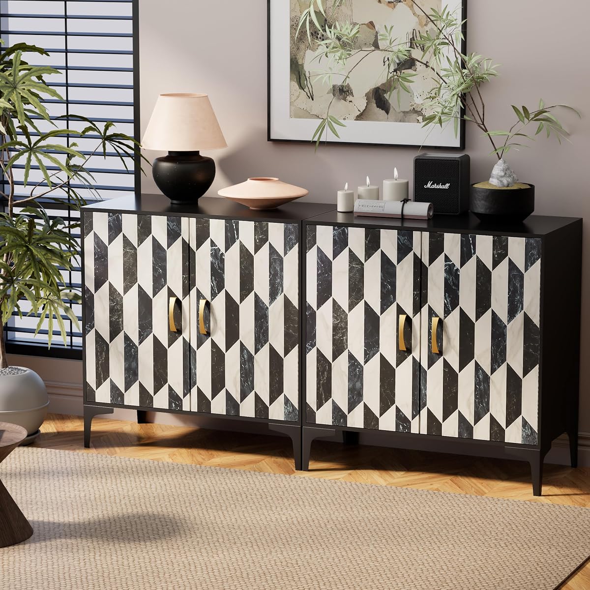 Marble Buffet Cabinbet 2 Pieces with Storage Sideboard Faux Marble Doors Buffet