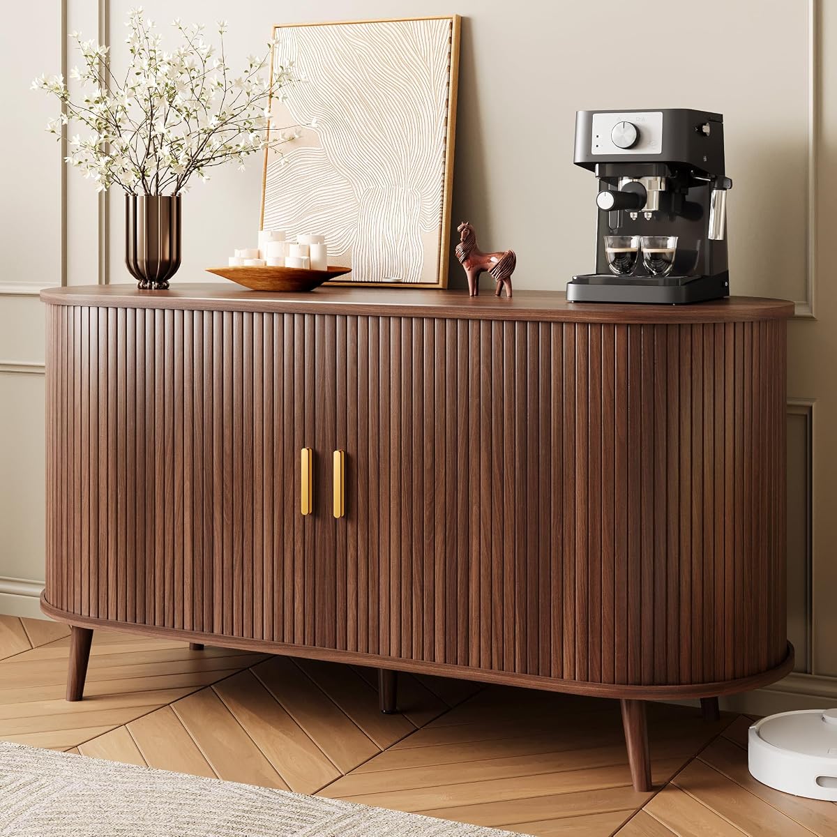 55" Fluted Sideboard Buffet Cabinet with Storage & Sliding Door
