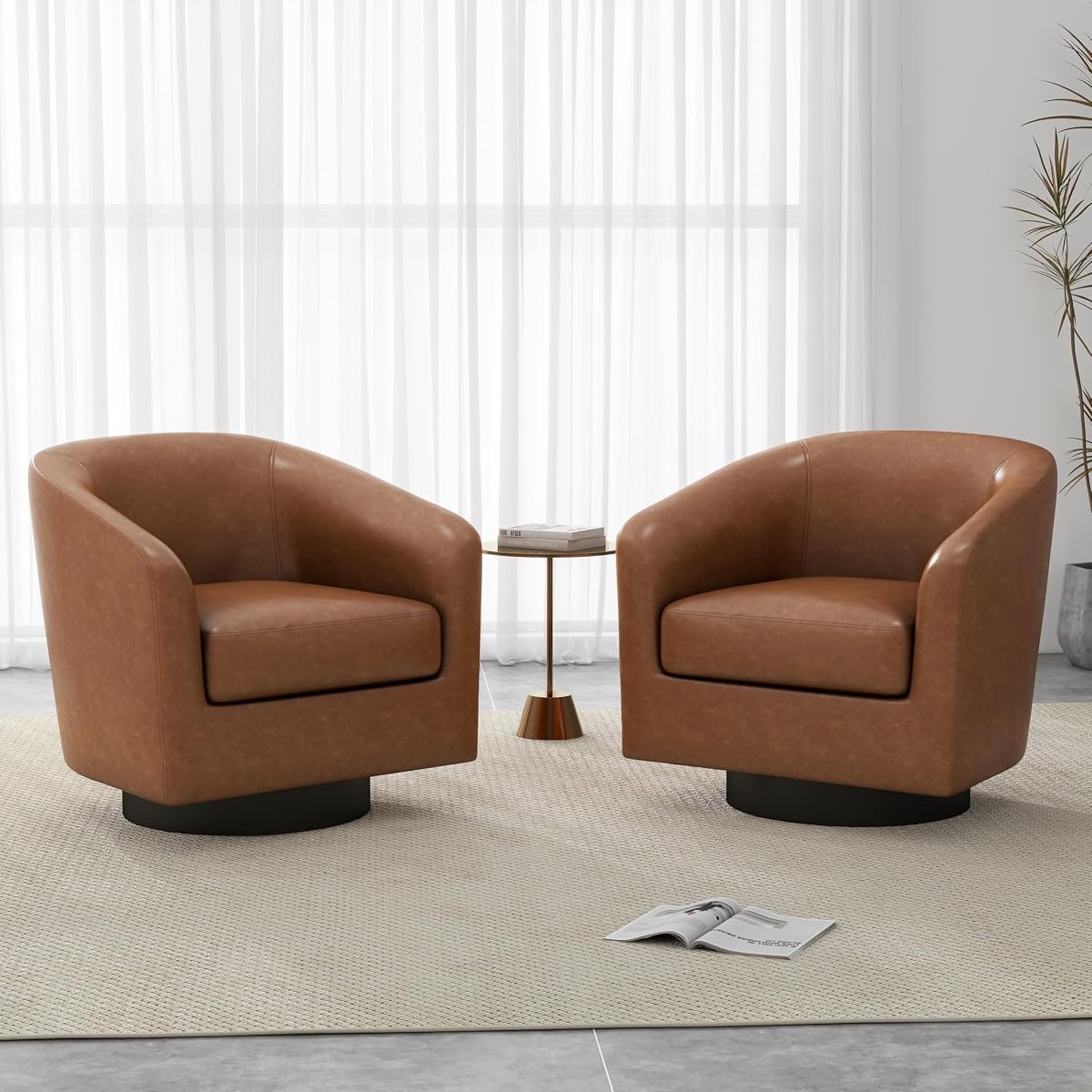 Faux Leather Swivel Accent Chairs Set of 2, Barrel Armchair, Brown