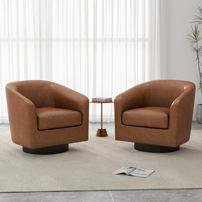 Faux Leather Swivel Accent Chairs Set of 2, Barrel Armchair, Brown