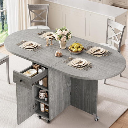 Round Folding Dining Table for 4, Space Saving Drop Leaf Kitchen Table with Storage Drawer, 6 Wheels Oval Gateleg Foldable Dining Table for Small Spaces(Grey 47 * 23.6 * 30)