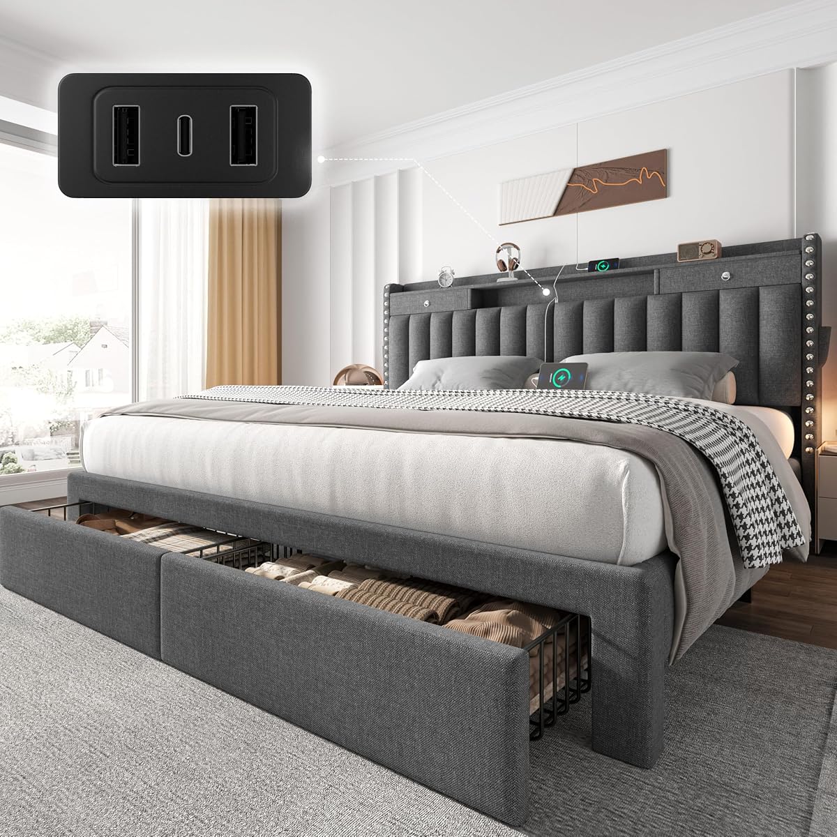King Size Bed Frame with 4 Storage Drawers and Headboard & Dark Grey