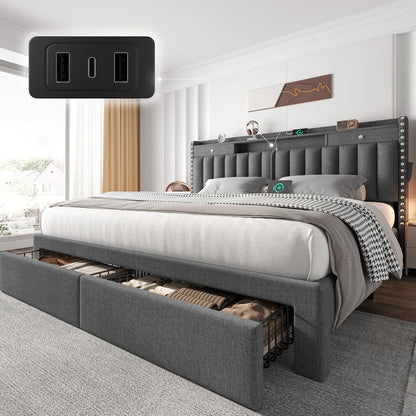 King Size Bed Frame with 4 Storage Drawers and Headboard & Dark Grey