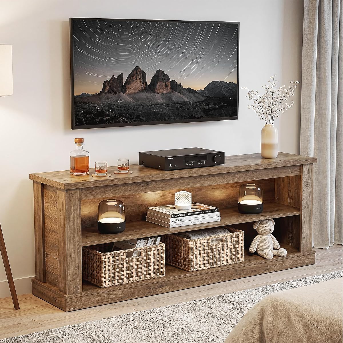 63" TV Stand for TVs up to 70", Rustic Television Stand with 2 Open Shelves