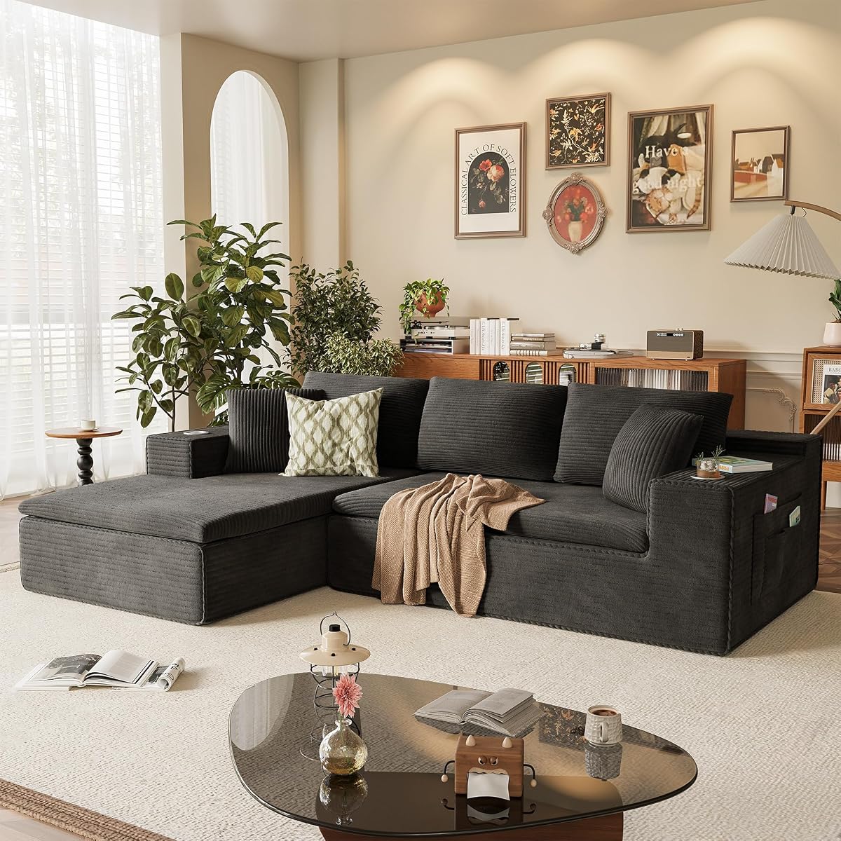 109" Boneless Couch with Memory Foam, Modular Sectional Sofa with L-Shape Chaise, Cloud Couch with Deep Seat, Dual Cup Holders & Side Pockets, No Assembly Required (Black)