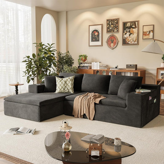 109" Boneless Couch with Memory Foam, Modular Sectional Sofa with L-Shape Chaise, Cloud Couch with Deep Seat, Dual Cup Holders & Side Pockets, No Assembly Required (Black)