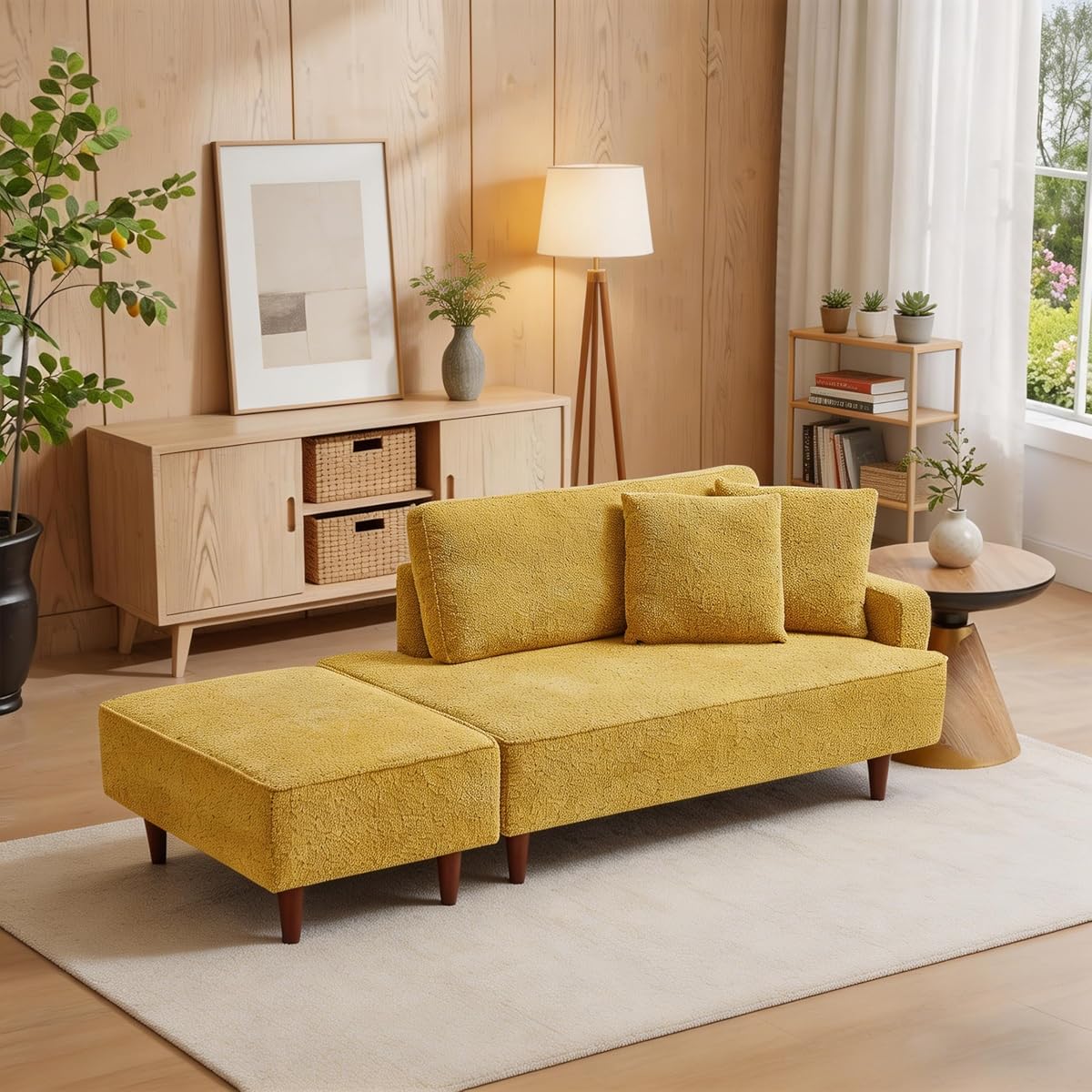 Left Facing Boucle Upholstered Chaise Lounge with Ottoman Set