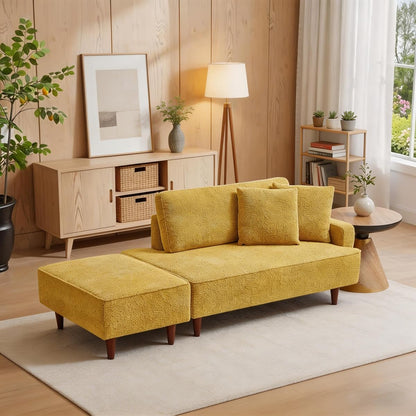 Left Facing Boucle Upholstered Chaise Lounge with Ottoman Set