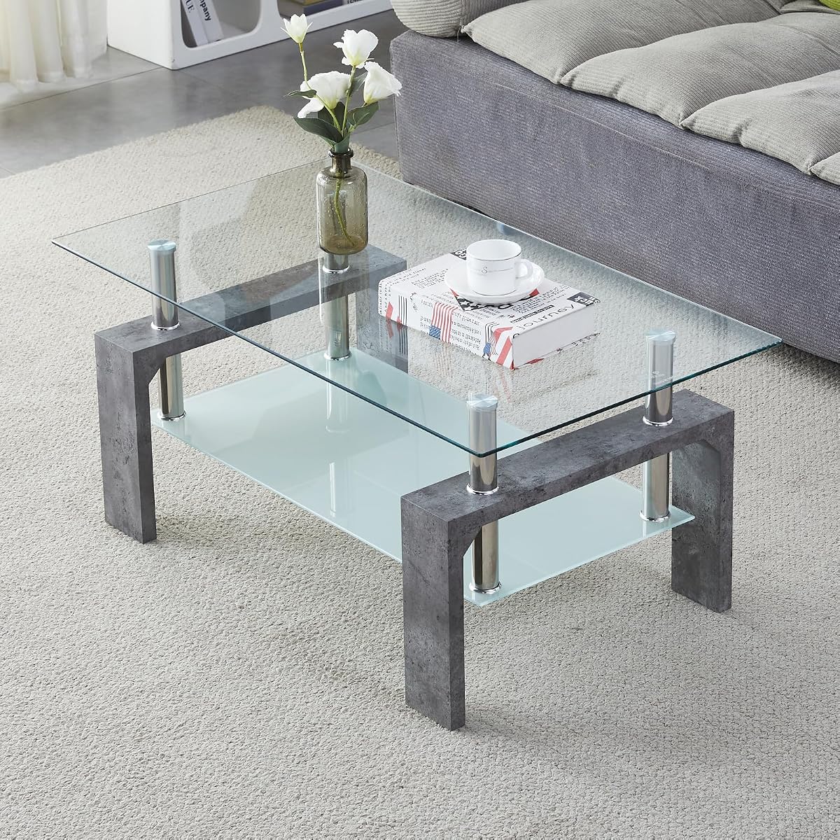 Coffee Table - Rectangle Glass Coffee Table with Simple and Classical Inspired Design, Easy Assembly for Modern Living, 39.5 * 23.5 * 17.5 inches (Grey Marble)