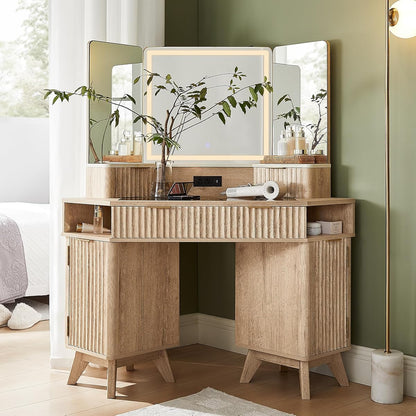48" Fluted Corner Makeup Vanity Desk with 3 Way Mirror and Light