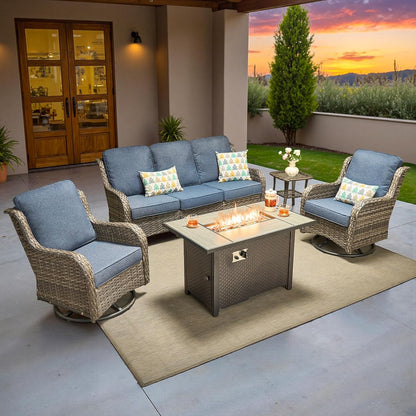 5-Piece Patio Furniture Set with Swivel Chairs Side Table, Outdoor Wicker Sofa with 42" Fire Pit Table, High Back Couch Modern Conversation Sets, Grey/Denim Blue