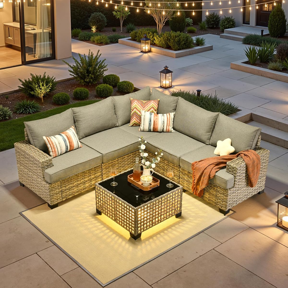 6 Piece Patio Sectional Furniture, Rattan Wicker Coversation Couch Set, Outdoor Sofa Set for Outside Porch Balcony Backyard Pool,Dark Grey
