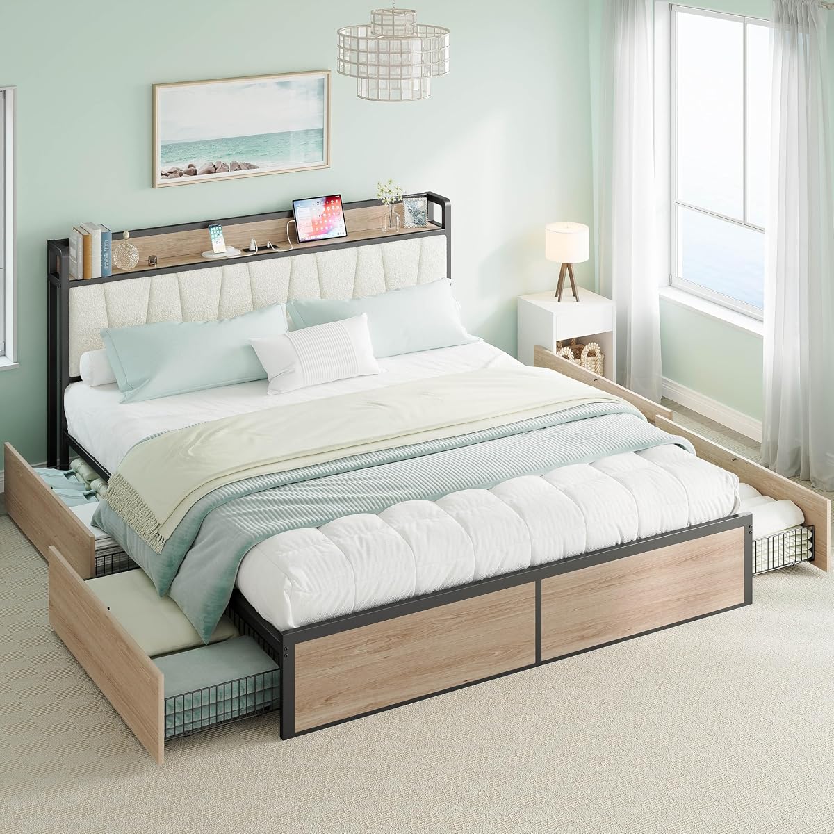 California King Bed Frame with 4 Storage Drawers & Charged