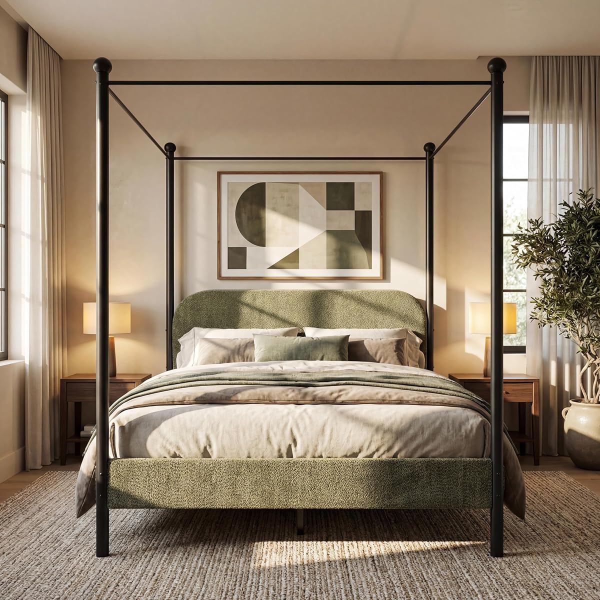 Queen Size Upholstered Canopy Bed Frame with Boucle Fabric