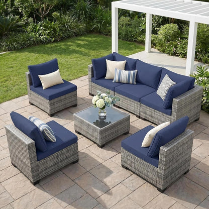 7-Piece Outdoor Patio Furniture Set, Grey PE Rattan Weaving Sofa with Navy Blue Cushions and Steel Frame, Coffe Table Included, Outdoor Conversation Set for Balcony, Porch, Backyard