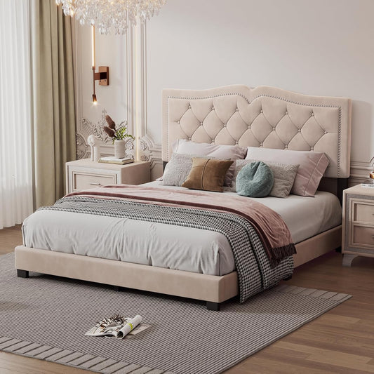 Queen Size Upholstered Bed Frame with Rivet Design