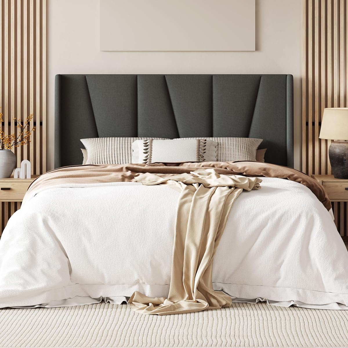 Queen Size Platform Bed Frame with Upholstered Headboard, Dark Grey