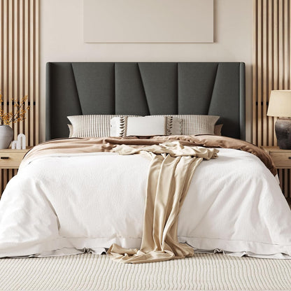 Queen Size Platform Bed Frame with Upholstered Headboard, Dark Grey