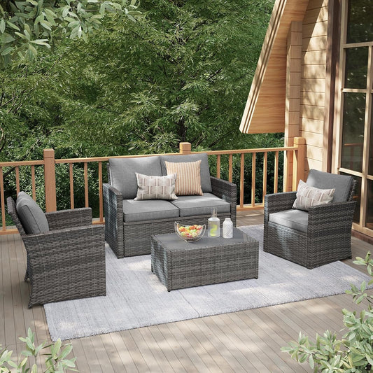 4 Pcs Patio Furniture Set, Wicker Patio Conversation Set, Light Gray | All-Weather PE Rattan, Outdoor Set with Loveseat, Armchair and Tempered Glass Coffee Table, 4 Seats, for Lawn, Deck, Backyard