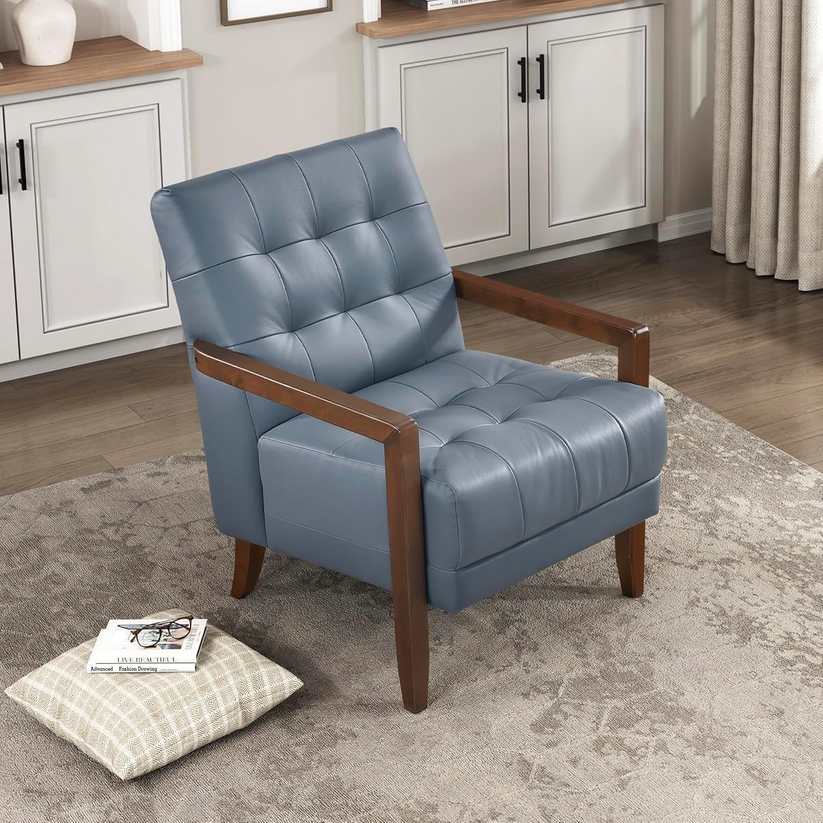 Modern Accent Chair, Luxury Genuine Leather Match Living Room Chair with Tufted Cushions, Solid Wood Frame and Arm Rest, Comfy Upholstered Single Seat for Bedroom/Reading/Office, Blue