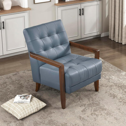 Modern Accent Chair, Luxury Genuine Leather Match Living Room Chair with Tufted Cushions, Solid Wood Frame and Arm Rest, Comfy Upholstered Single Seat for Bedroom/Reading/Office, Blue