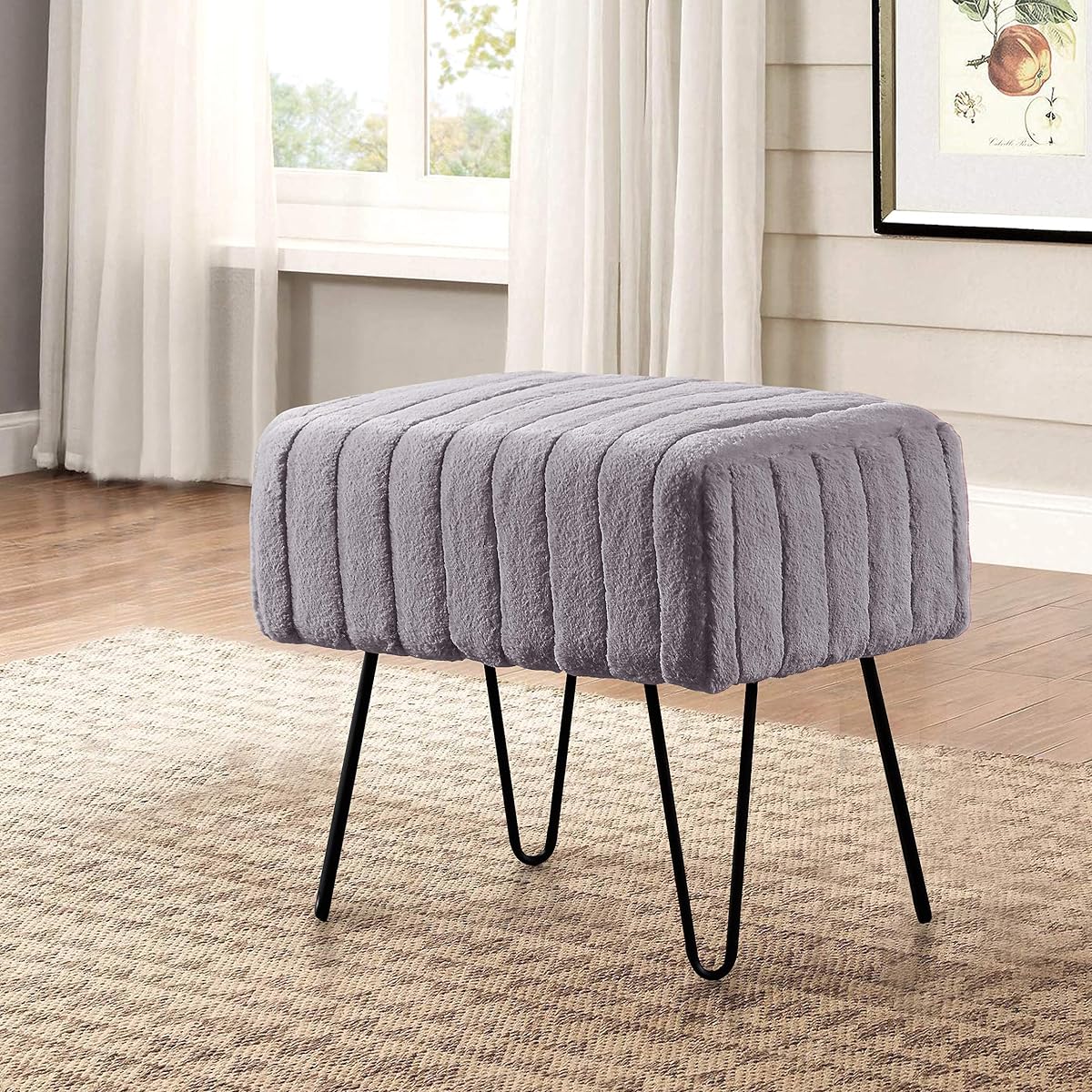 Super Mink Faux Fur Gray Ottoman Bench 19" x 13" x 17", Charcoal, Living Room Foot Rest Stool Entryway Makeup Bench End of Bed Bedroom Home Decor Chair for Sitting