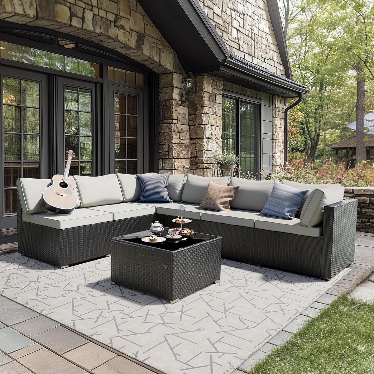 Skyfish 7 Pieces Patio Furniture Set - Outdoor Sectional Wicker Rattan Furniture with Cushion and Glass Table Patio Conversation Sets for Porch Poolside Backyard Outdoor Sofa Set Modular Sofa