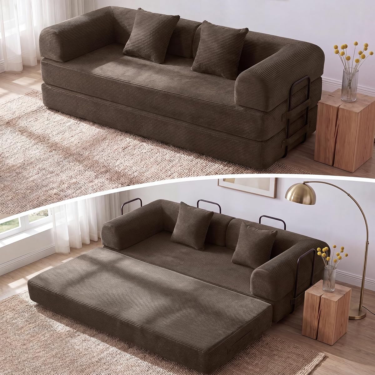 79'' Convertible Sofa Bed, Folding Sleeper Couch with Pull Out Bed, Modular Floor Couch with Cushions, Corduroy Sofa for Apartment Living Room Bedroom Guest Room Use, No Assembly (Brown)