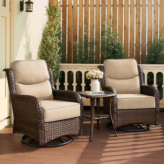 Luxury Outdoor Patio Furniture Set with 6-Inch Thick Cushions, High Back Wicker Swivel Rocker Chairs, 3 Pcs All Weather Chairs Set for Small Porch, Deck and Sunroom, Beige (V3)