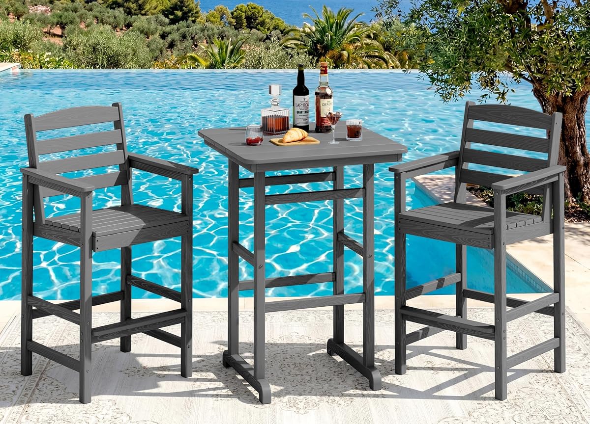 3 Pcs HDPE Bar Height Adirondack Chairs and Bar Table Set, Grey