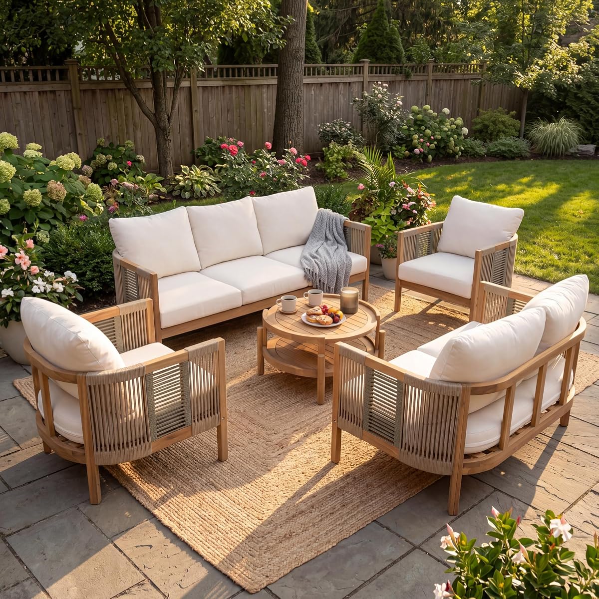 5-Piece Acacia Wood Patio Furniture Set with Coffee Table, 7 Seater Outdoor Conversation Sofa Set, Patio Sectional Chat Set for Backyard Balcony, Teak+ Beige