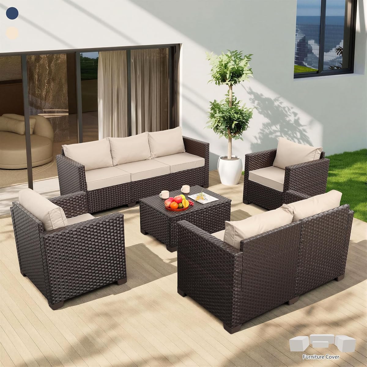 5-Piece Outdoor Furniture Set Patio Furniture Set Outdoor Couch Coffee Table with Storage Non-Slip Cushions and Waterproof Covers, Khaki