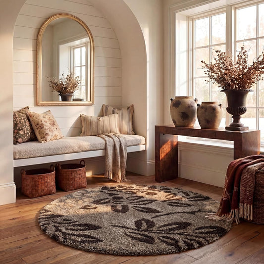 SAFAVIEH Florida Shag Collection Area Rug - 4' Round, Smoke & Dark Brown, Floral Design, Non-Shedding & Easy Care, 1.2-inch Thick Ideal for High Traffic Areas in Living Room, Bedroom (SG456-7928)