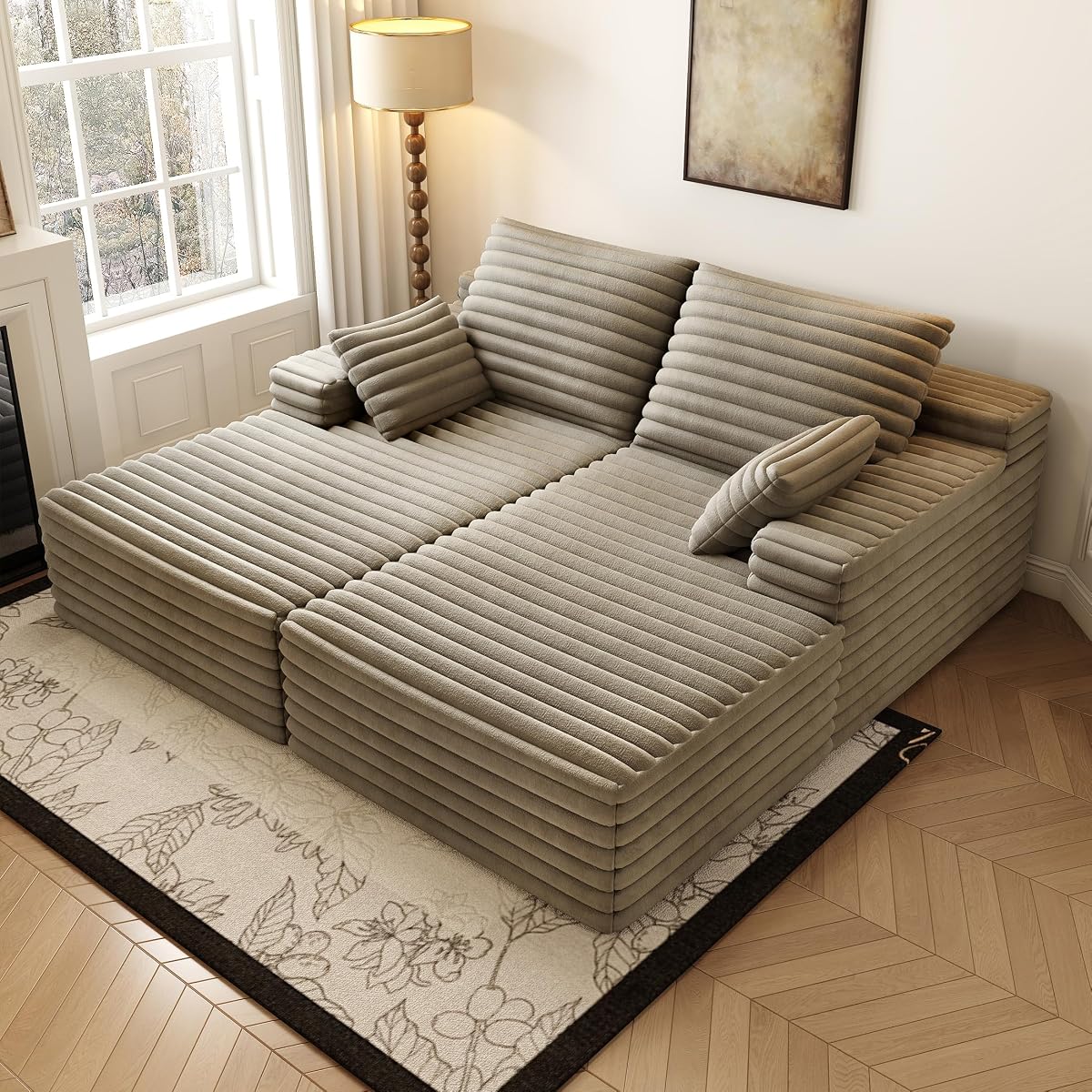 80” Oversized Double Lounge Chaise,Cloud Plush Sofa Bed,Upholstered Boneless Cloud Sofa Deep Seat,No Assembly Required,Modern Corduroy Sleeper Loveseat Chair for Living Room Bedroom Reading,Camel