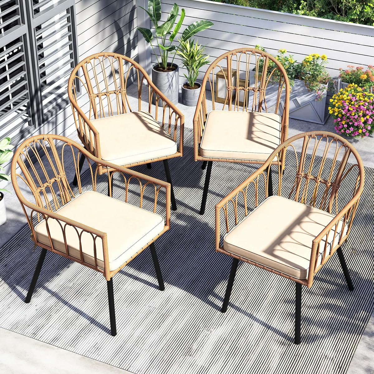 4 Pieces Rattan Wicker Dinning Chairs, Outdoor Indoor Patio Furniture Set with Cushion and Curved Back All Weather Bistro Chair for Garden Backyard Porch Poolside Restaurant