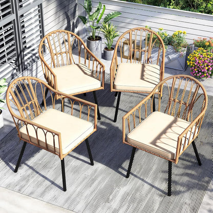 4 Pieces Rattan Wicker Dinning Chairs, Outdoor Indoor Patio Furniture Set with Cushion and Curved Back All Weather Bistro Chair for Garden Backyard Porch Poolside Restaurant