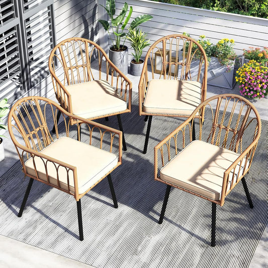 4 Pieces Rattan Wicker Dinning Chairs, Outdoor Indoor Patio Furniture Set with Cushion and Curved Back All Weather Bistro Chair for Garden Backyard Porch Poolside Restaurant