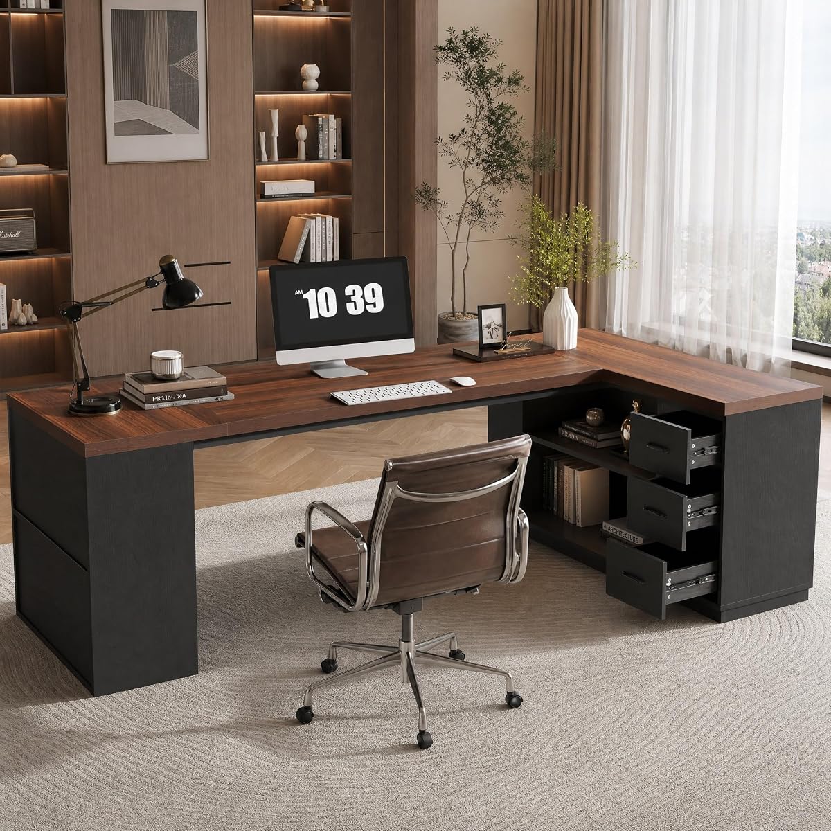 86.6" L-Shaped Executive Desk with 3 Drawers & Storage Shelves
